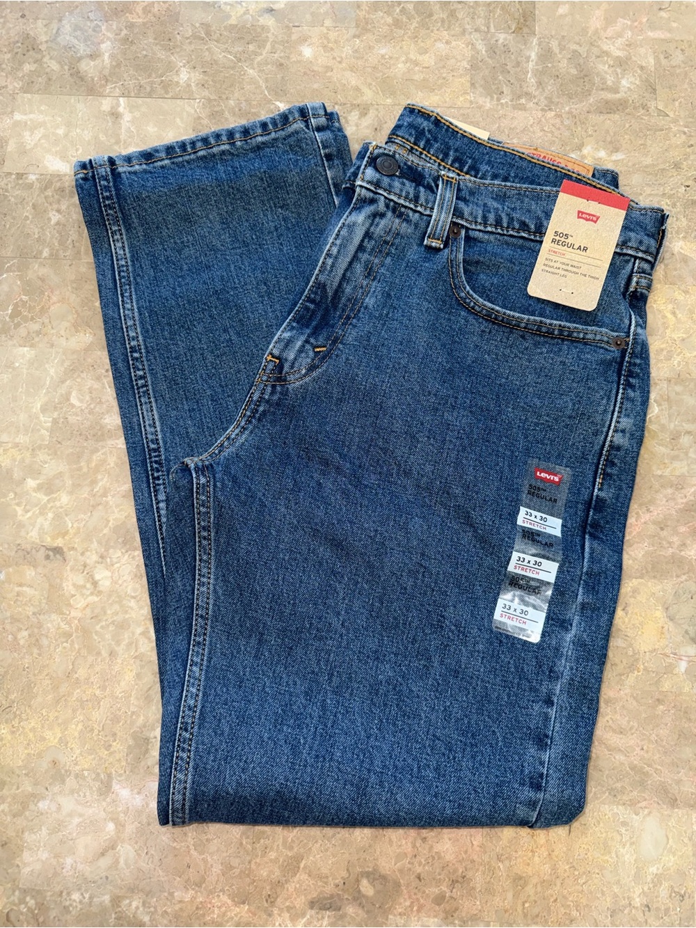 Levi's 505 Mens 33x30 Dark Blue Jeans Regular Fit Stretch Straight Leg Denim